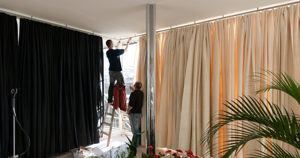 Main living room (2nd floor), installation of Shantung silk drapery, 2012, photograph: David Židlický