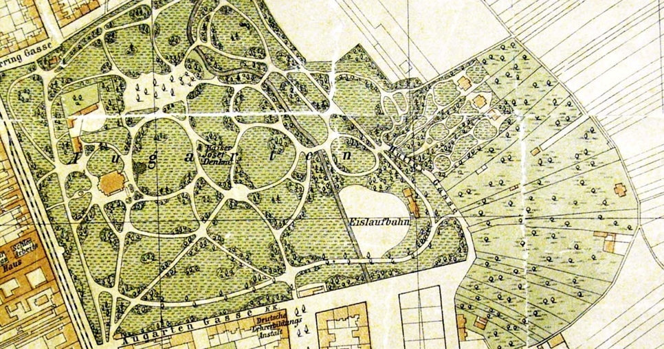 Situační plán města Brna z roku 1890, výřez s parkem Lužánky a přilehlým svahem Černých Polí