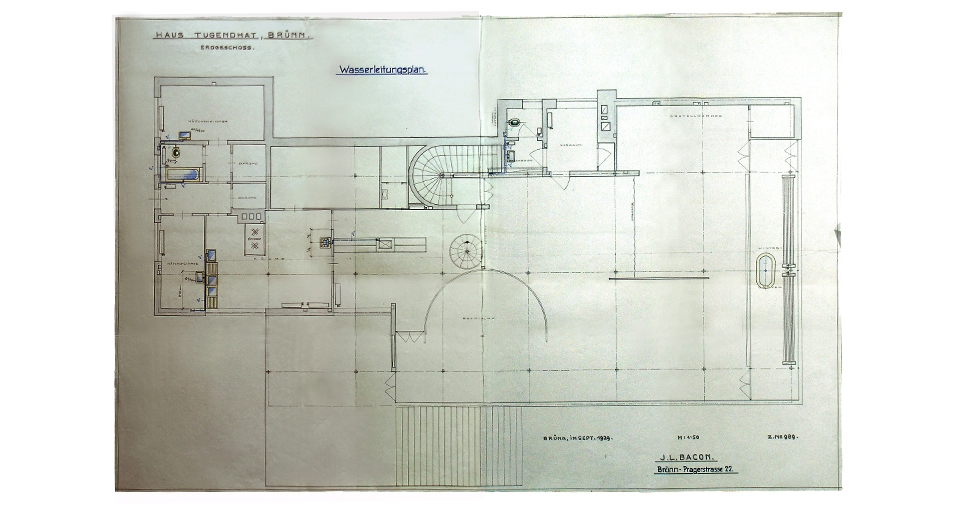 Floor plan of the main living area with the water piping, September 1929