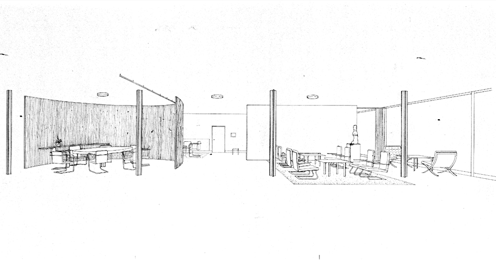 Návrh interieru hlavního obytného prostoru, SÚRPMO Brno, Ing. arch. Adéla Jeřábková, březen 1983