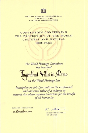 Pamětní listina zápisu vily Tugendhat do světového kulturního dědictví UNESCO